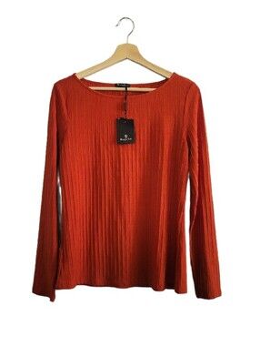 NWT Massimo Dutti Ribbed Long-Sleeve Top in Burnt Orange Sz L Classic